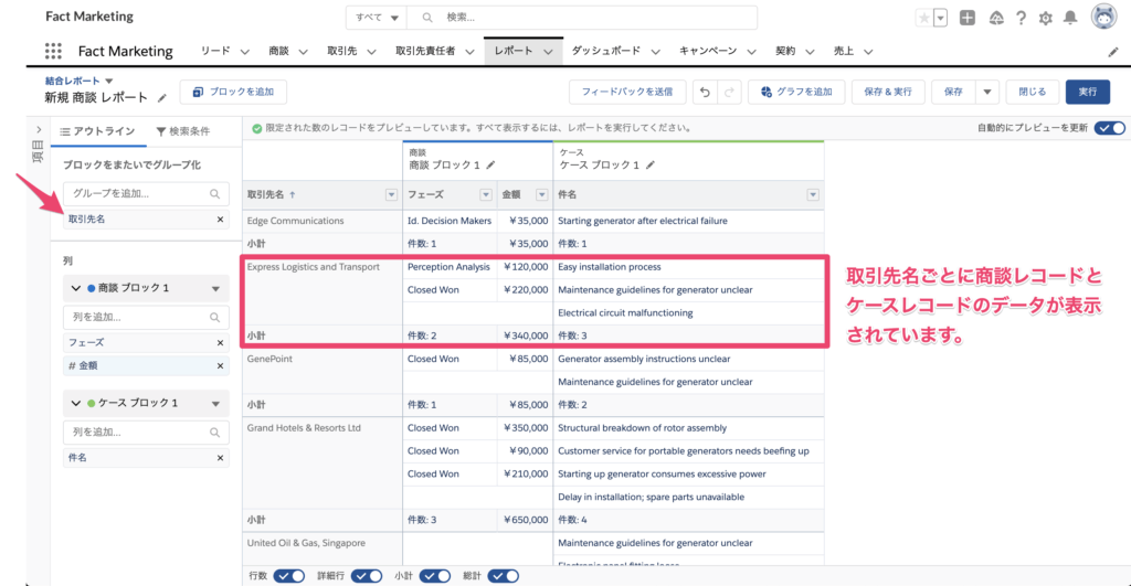 取引先名ごとに商談レコードとケースレコードのデータを表示できました。