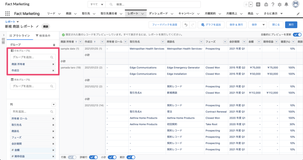 所有者と作成日で列をグループ化