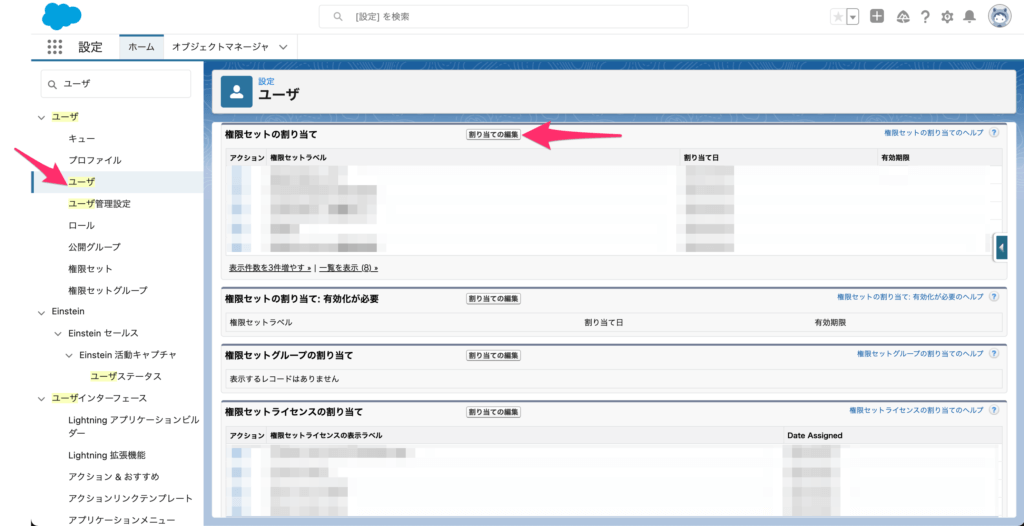 権限セットを割り当てるには[設定] →[ユーザ]→[該当のユーザ名]→権限セットの割り当ての[割り当ての編集]をクリックします。