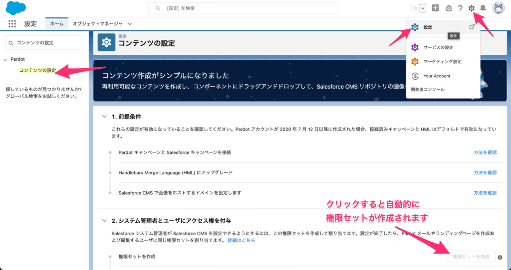 [Pardot コンテンツ環境を使用]の権限セット作成