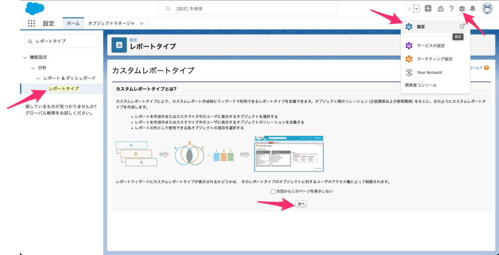 [歯車マーク]→[設定]→[レポートタイプ]→[次へ]をクリック